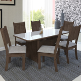 Mesa de Jantar 6 Cadeiras Retangular Indekes – Cristal Noce, Off White e Linho