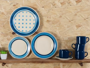 Aparelho de Jantar e Chá 20 Peças Biona de Cerâmica – Redondo Branco e Azul Donna