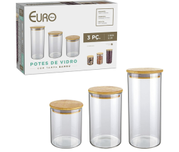 Conjunto com 3 Potes de Vidro com tampa Bambu – Euro Home